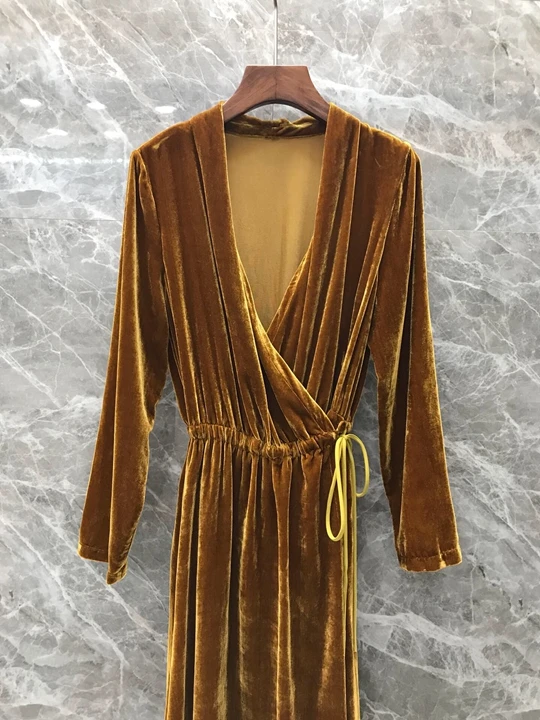Early Autumn New Female V-neck Velvet Pure Side Lace with Received Waist Long Sleeve Dress 817