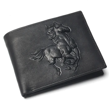 

Men Short Wallet Horse Carving Pattern Pure Black Color Cheap 100% Genuine Leather Wallet For Man Coin Purse Card Holder
