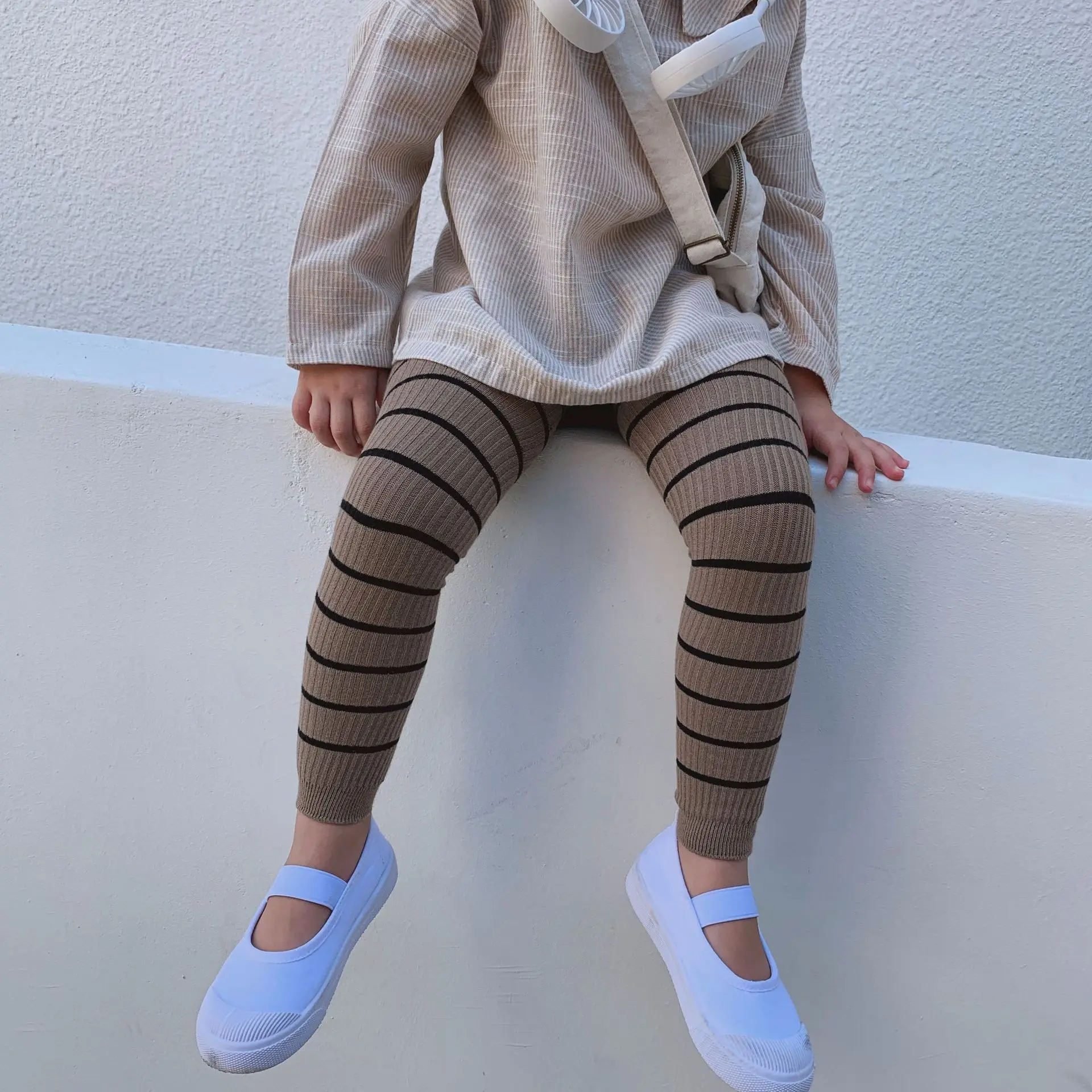 Ribbed Leggings - Black/Beige - Kids