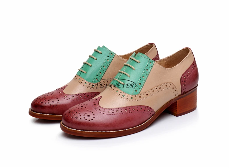 Женские туфли-оксфорды с перфорированным носком; броги на толстом каблуке 5 см; ручная работа; винтажные женские туфли-оксфорды на шнуровке; цвет красный, коричневый, зеленый;