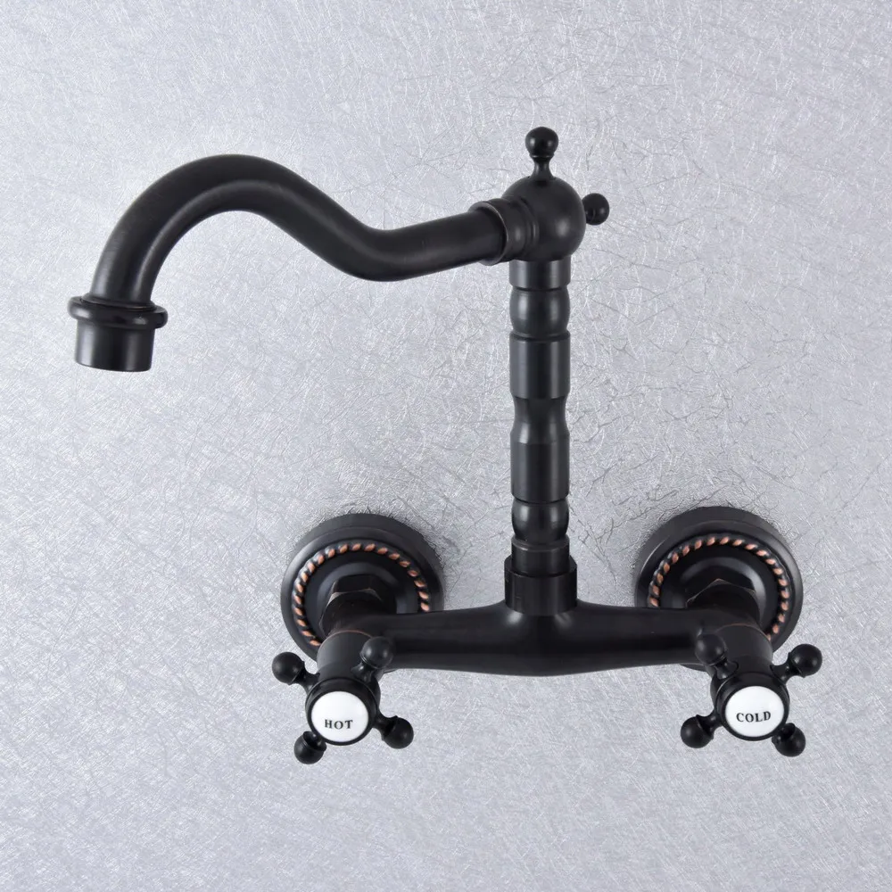 

Kitchen Wet Bar Bathroom Vessel Sink Faucet Black Oil Rubbed Brass Wall Mounted Swivel Spout Mixer Tap Dual Cross Handles msf742
