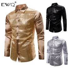 EWQ/мужская одежда золотистого и серебряного цвета с пайетками, сатиновая рубашка для мужчин, весна, Модные свободные топы большого размера, 19H-a299