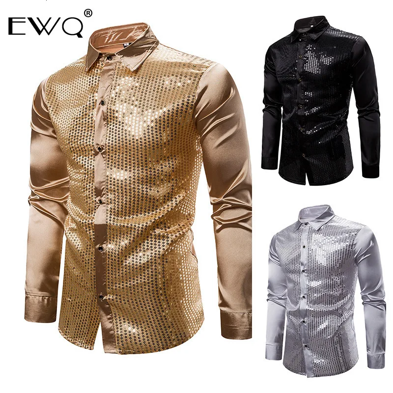 EWQ/мужская одежда золотистого и серебряного цвета с пайетками сатиновая рубашка