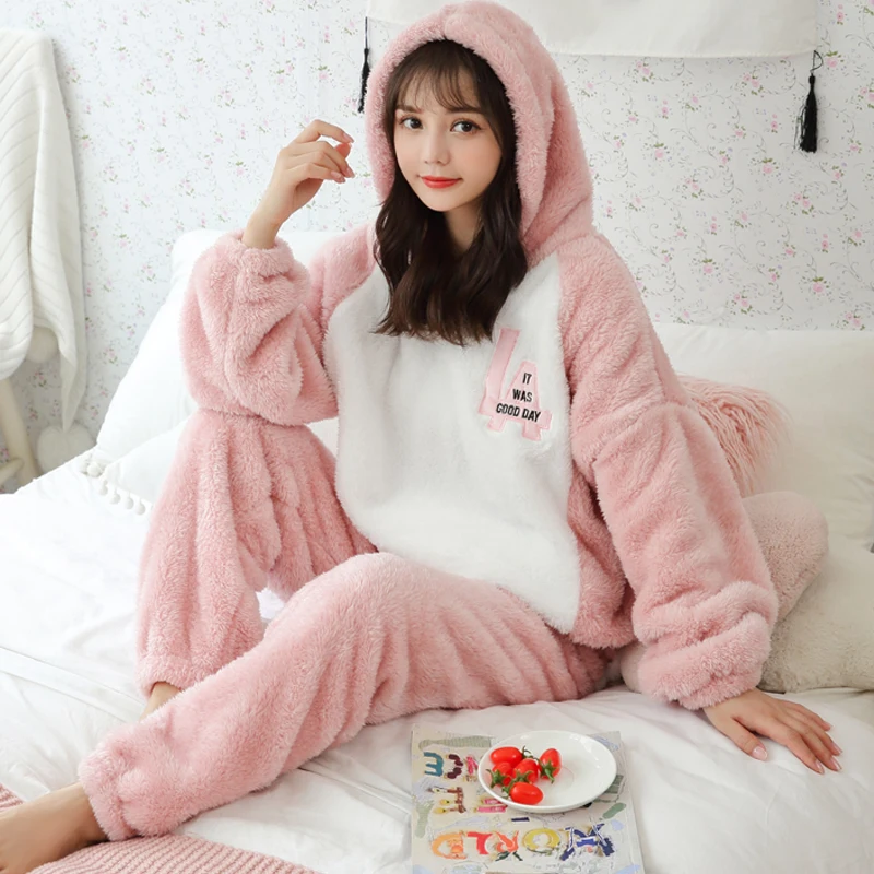 Cute Pajamas Set 2 Pieces Women Sleepwear Warm Winter Thick Coral Fleece Hooded Cartoon Girl Homewear Animal Pajamas
