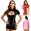 Womens Hollow Out Dresses Short Sleeve Stand Collar Zipper Back Dress Wetlook Patent Leather Mini Dress For Nightclub Stage Show 6