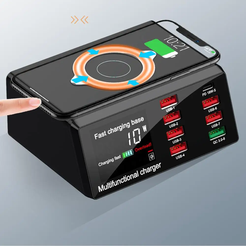 

8 Ports Wireless USB Dock PD QC3.0 Fast Quick Charger Smart LED Display 100W for Samsung Huawei iPhone Xiaomi OnePlus Redmi 1+