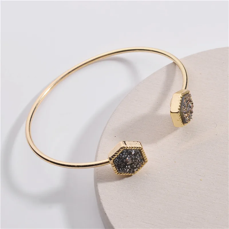 15Triangle Quartz Bijoux European Vintage Jewelry Resin Druzy Asymmetry Hand Cuff Adjustable Bracelet For Women Bangles Bileklik