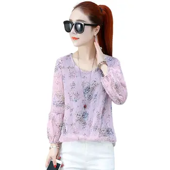 

Fashion Floral Print Women Shirt Chiffon Blusas Femininas Tops Elegant Ladies Formal Office Blouse Ultra-thin Plus Size Shirts