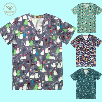 

Christmas Tree Printing scrub tops hospital doctor surgical men women cotton gray medical uniforms nursing clothes spa uniform