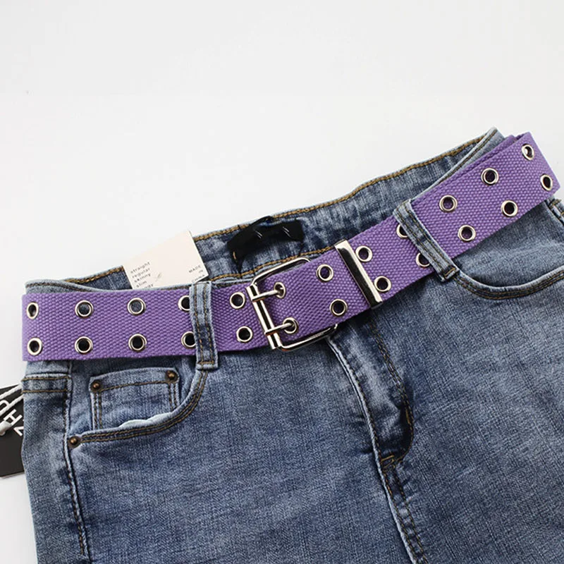 Fashion Wide Canvas Belts Casual Double Hollow Hole Buckle Belt Adjustable Solid Color Waist Strap For Women Men Students Jeans - Цвет: Purple