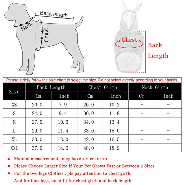 Cute Winter Hooded Jacket for Dogs Size Chart