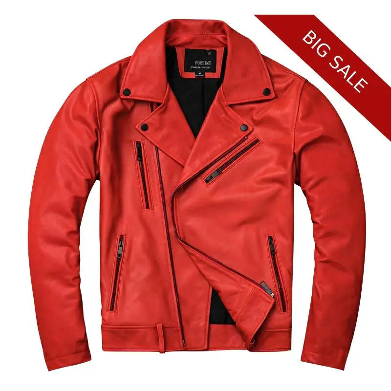 

2020 Red Men Autumn Slim Fit Biker's Leather Jacket Plus Size XXXXL Genuine Sheepskin Russian Motorcycle Leather Coat