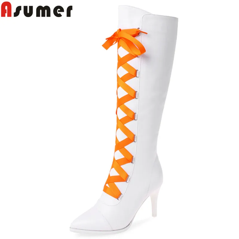 ASUMER/ г. Новые сапоги до колена женские сапоги из pu искусственной кожи с острым носком осенне-зимние сапоги на молнии с перекрестной шнуровкой Большой размер 34-42