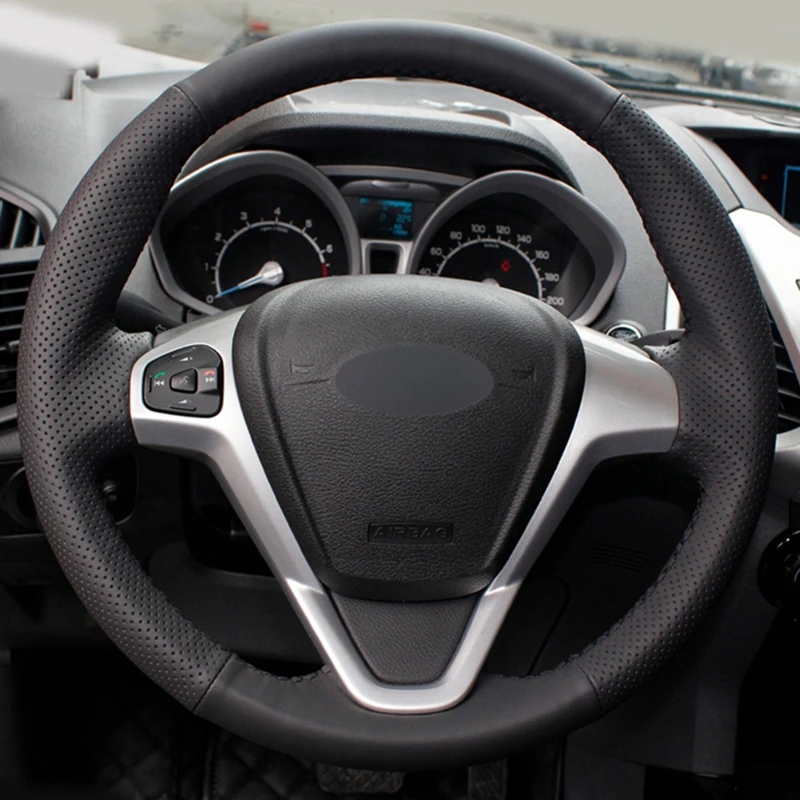 DIY Hand-stitched Black Artificial Leather Car Steering Wheel Cover for Ford EcoSport- Fiesta 2008
