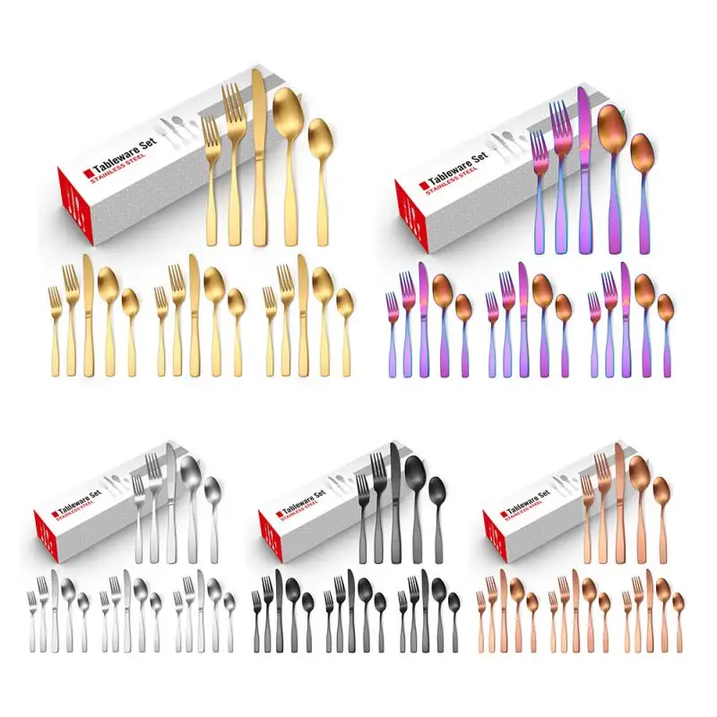 20PCS Western Tableware Stainless Steel Frosted Square Handle Cutlery Set Matte Knife Fork Spoon Table Decoration | Дом и сад