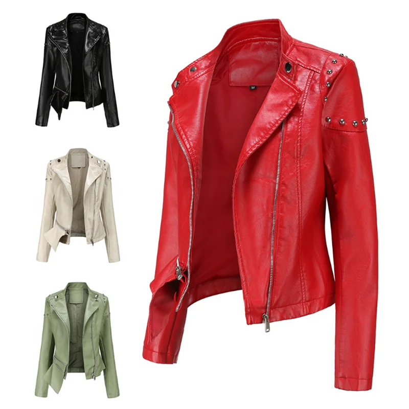The New 2021 Rivet Fashion Standup Collar Leather Jacket Women's Solid
