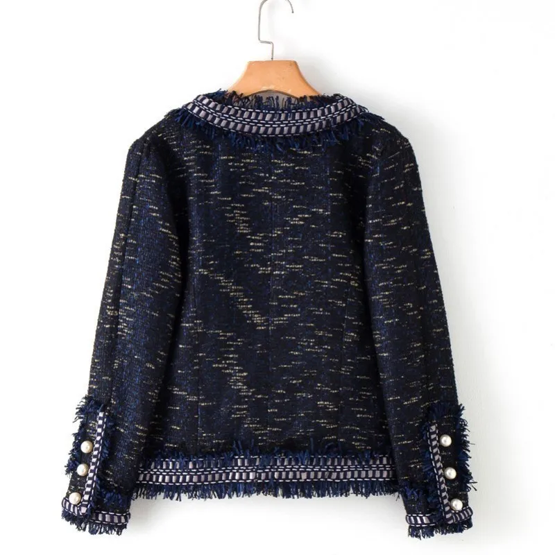 

Blends Coat Women 2020 New Design V-Neck Tweed Jacket Female Autumn Long Sleeve Lurex Coats Tassel Pearls Casual Overcoat Ladies