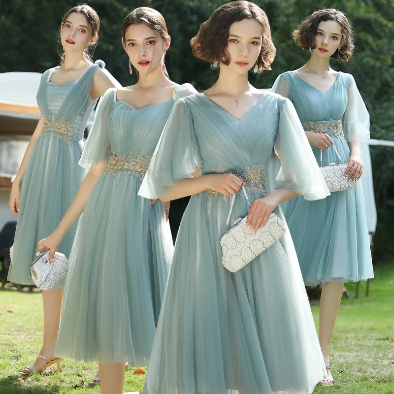 Bridesmaids Dress Illusion Sleeveless V-Neck Pleat Sequined Beading Embroidery A-Line Tulle Vintage Lady Wedding Party Gown E334 Bridesmaids Dress Illusion Sleeveless V-Neck Pleat Sequined Beading Embroidery A-Line Tulle Vintage Lady Wedding Party Gown E334