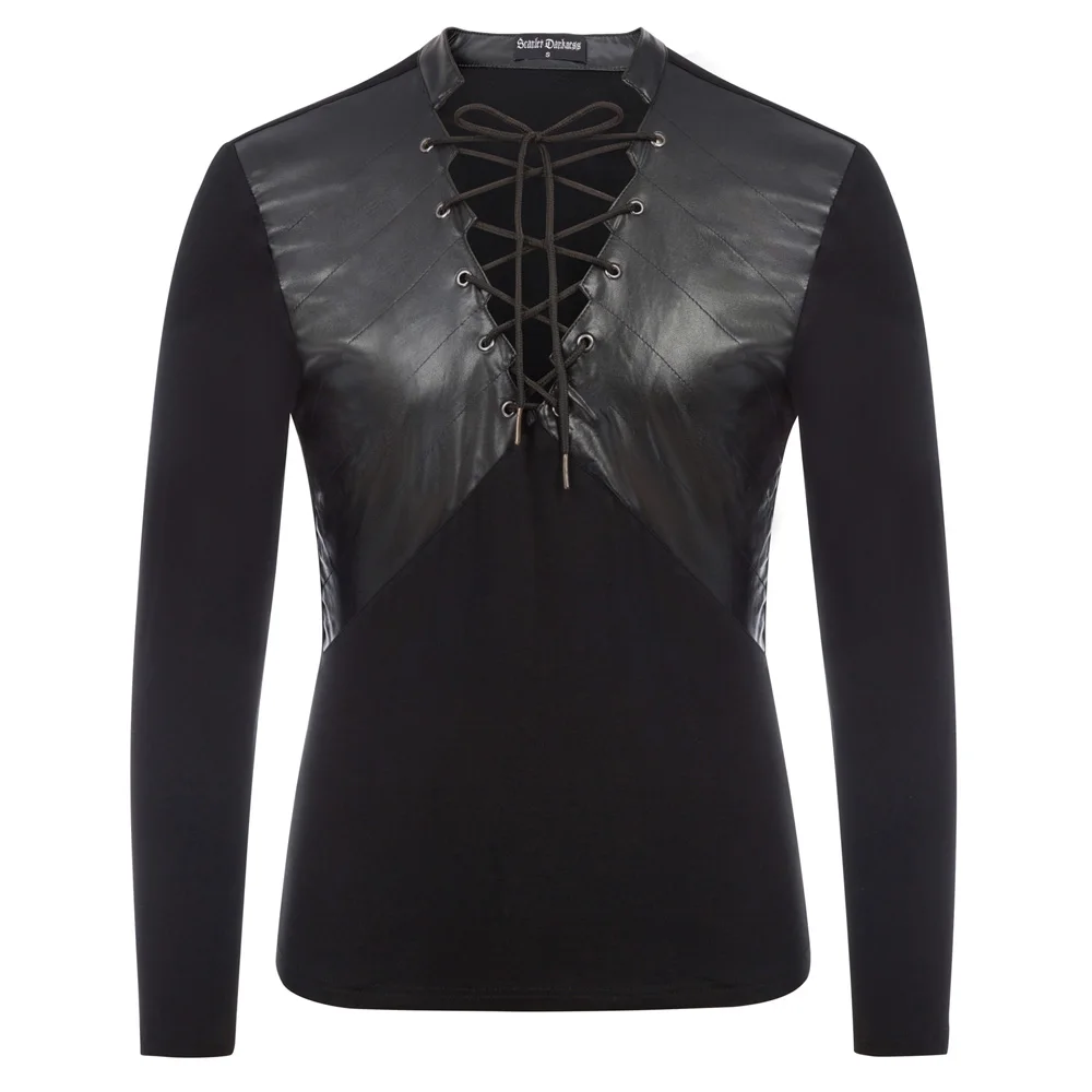 

Men blouse Polyurethane Leather Patchwork Tops autumn winter clubwear party cool sexy Long Sleeve Plunging V-Neck Punk shirt