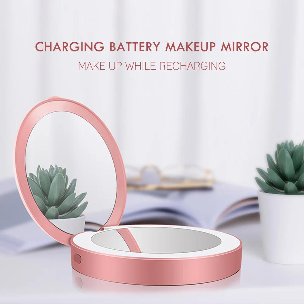 Portable LED Lighted Mini Circular Makeup Mirror Compact Travel Sensing Lighting Cosmetic Mirror Wireless USB Charging