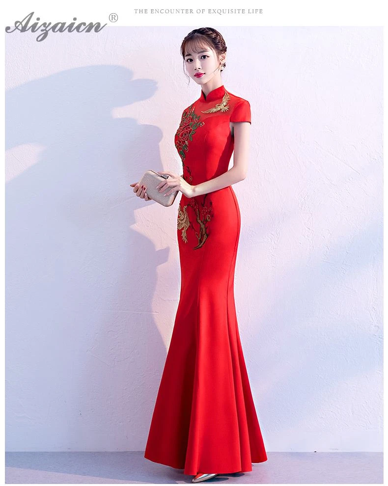 Модная русалка вышивка Cheongsam красное свадебное платье Qi Pao женское традиционное китайское свадебное платье Ципао вечернее платье