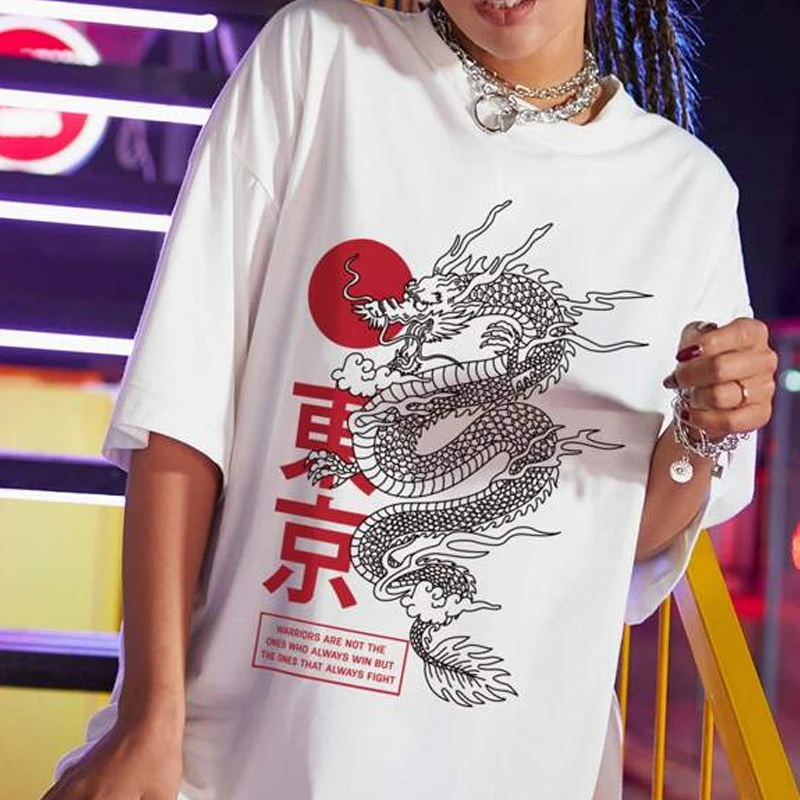 Футболка женская оверсайз с принтом китайского дракона повседневный топ