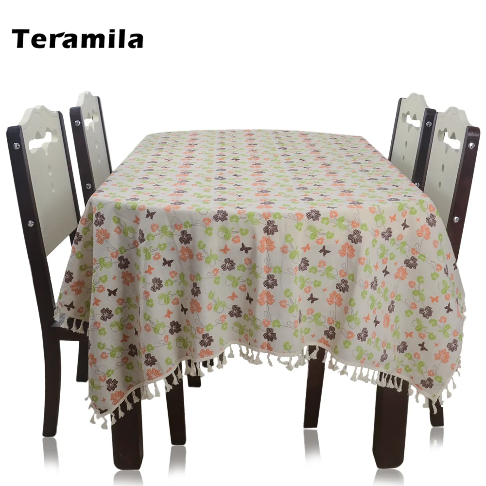 

Teramila Tassel Side Flower Dining Table Cover Rectangular Cotton Linen Thick Tablecloth Round Home Party Mantel Wedding Decor