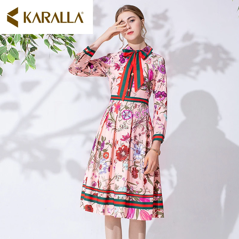 

Famous Designer Runway 2019 Pleated Knee-Length Dress Autumn New High-end European And American Bow Collar Retro Ol Slim Dress