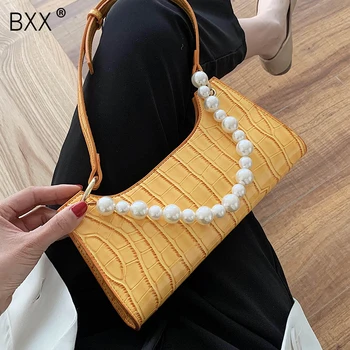 

[BXX] Stone Pattern PU Leather Shoulder Bags For Women 2020 Autumn Pearl Chain Fashion Ladies Travel Handbags and Purses HL549