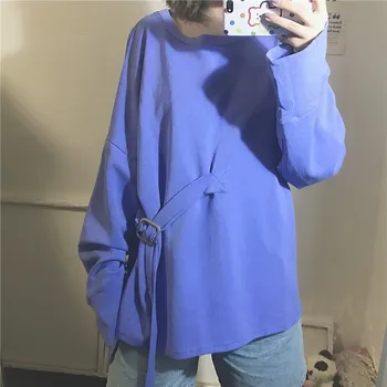 

Fashion Solid Long Women T-Shirt with Belt New Loose O neck Women Tee Shirt 2020 Spring Casual long Sleeve Women Tops