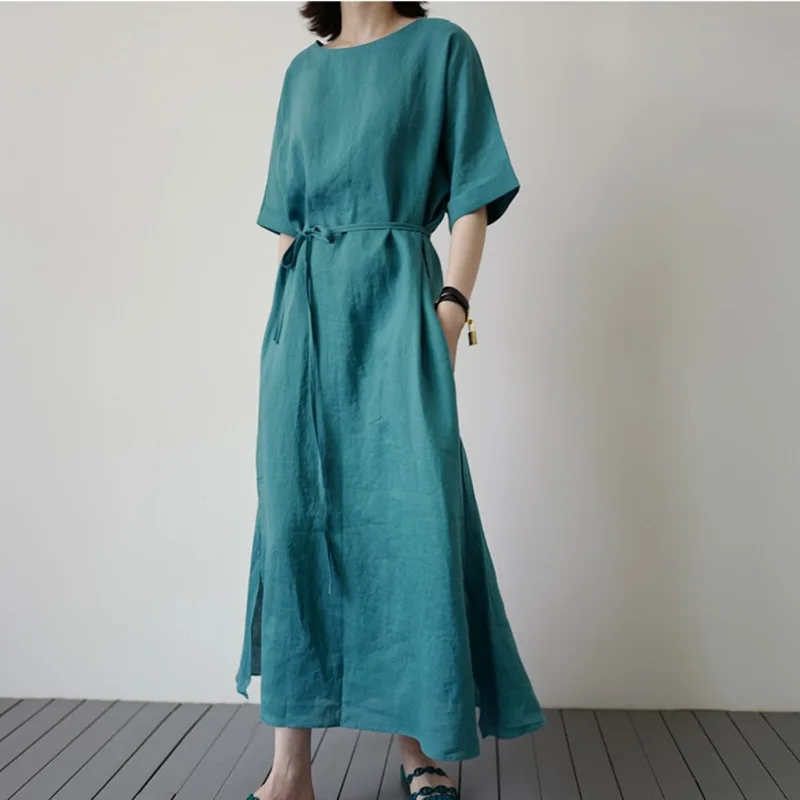 

Summer Wear New Style Short Sleeve Cotton Linen Dress Women's over-the-Knee Long Korean-style Fashion Lace-up Loose And Plus-siz
