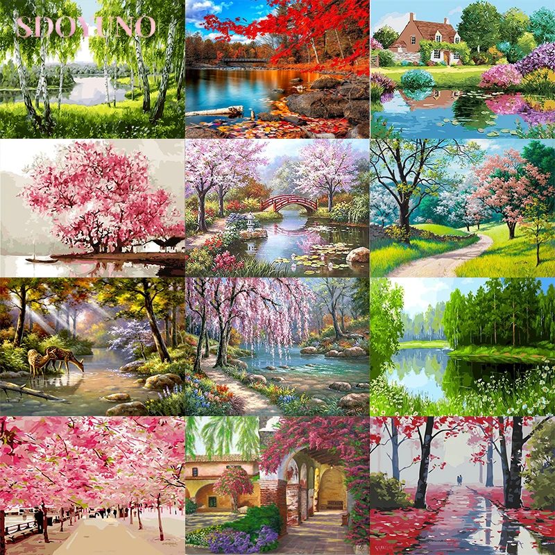 acrylic painting by numbers landscape on canvas 40x50cm diy frame nature tree pictures by numbers kits for kids art HandPainted