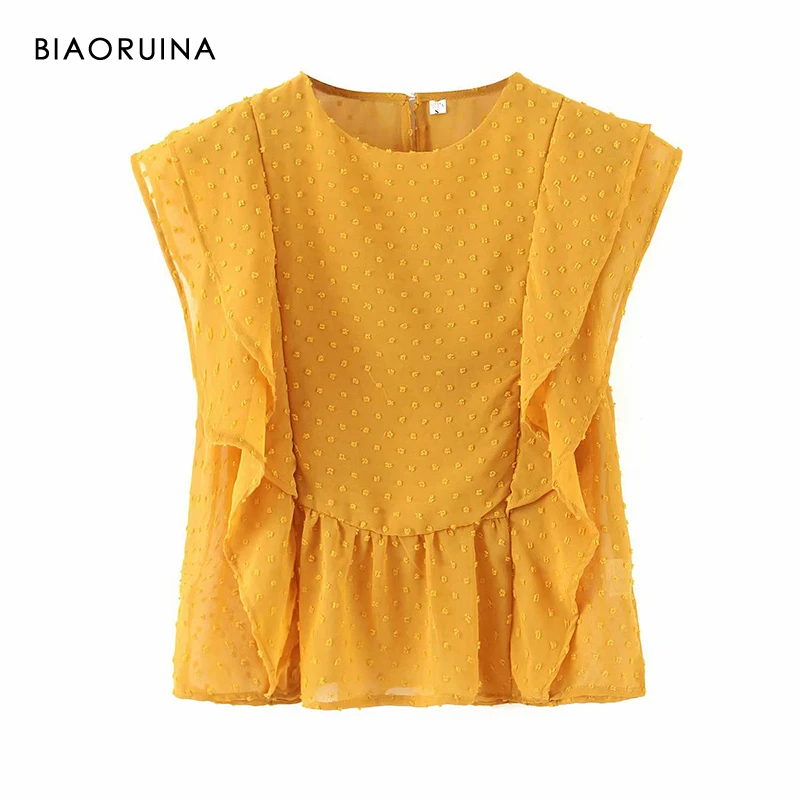 

BIAORUINA Women's Solid Color Dot Flocking Chiffon Short Sleeve Shirt Ruffle Back Button Japan Style Sweet Summer Blouse Blusa