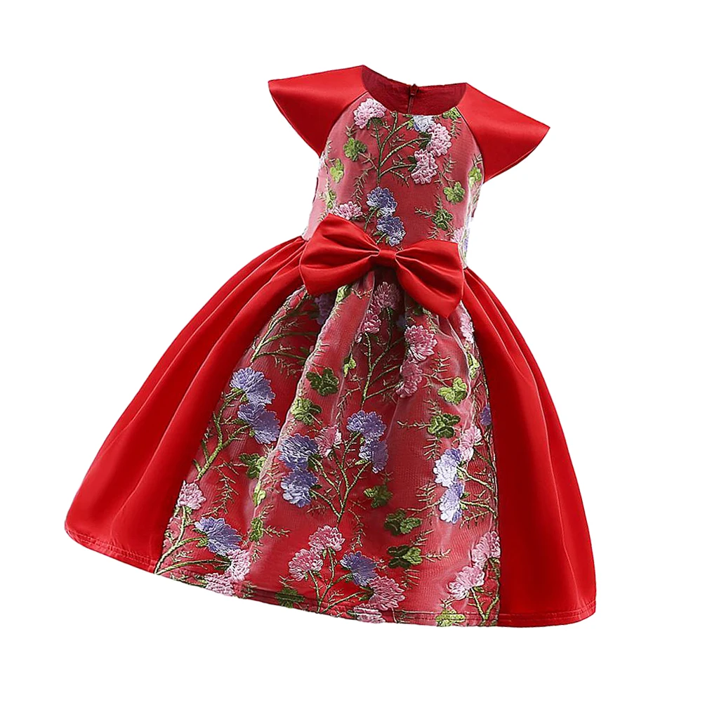 Floral Embroidery Red Satin Dress Princess Pageant Formal Dress for Girls Toddlers