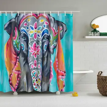 

Boho Style Elephant Pattern Digital Print Shower Curtains for Bathroom Decor,Polyester Waterproof Fabric Bath Curtain with 12
