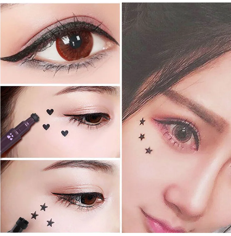 QIC Double-head Stamp Eyeliner Black Liquid Eyeliner Waterproof Tattoo Pen Makeup Tools 4 Styles of Stamp Star/Moon/Titoni/Heart