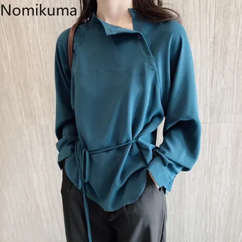 

Nomikuma 2020 Spring Summer Full Sleeve Shirts Women OL Solid Irregular Skew Collar Female Blusas Korean Lace Up Blouse 3Z022