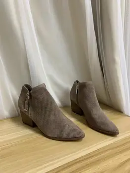 

Women's shoes leather pointed side zipper hollow all-match boots season