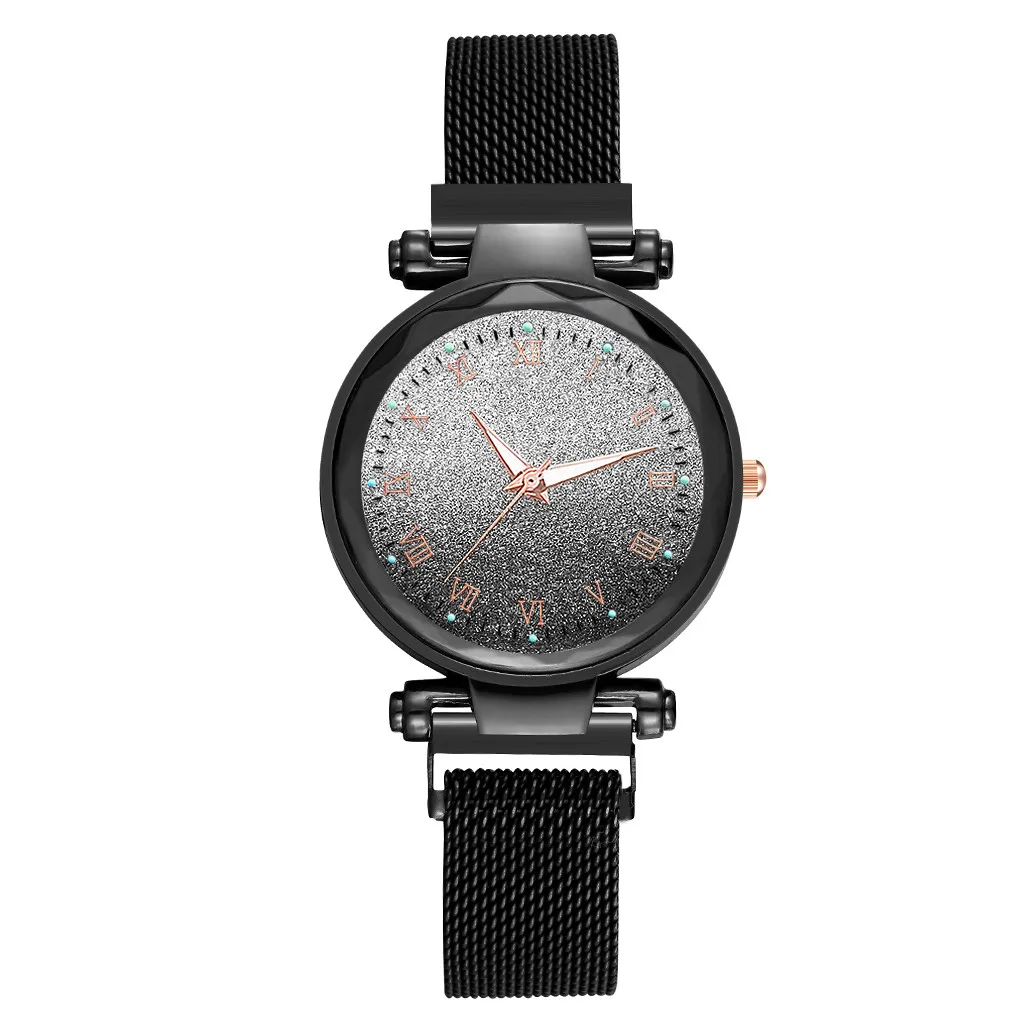 Vansvar роскошные женские часы браслет с магнитной застежкой из нержавеющей стали Небесно светящиеся кварцевые часы Кристальные наручные часы подарок - Цвет: Black