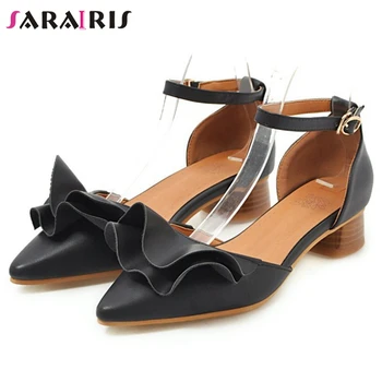 

SaraIris Sweet Pointed Toe Shallow Sandals Women Low Chunky Heels Summer Sandals Ladies Summer Elegant Concise Ruffles Shoes