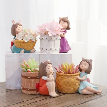 

Cartoon Girl Flower Vase Fleshy Flower Pot Rabbit Girl Vase Resin Craft Europe Modern Home Decoration R4490