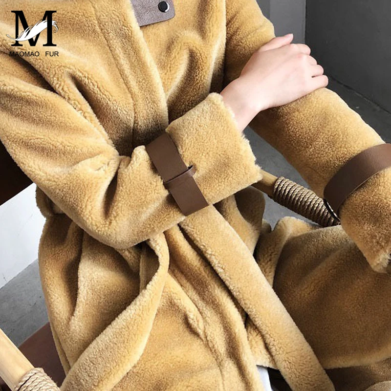 Длинное пальто из натурального овечьего меха Женское зимнее теплое 100%