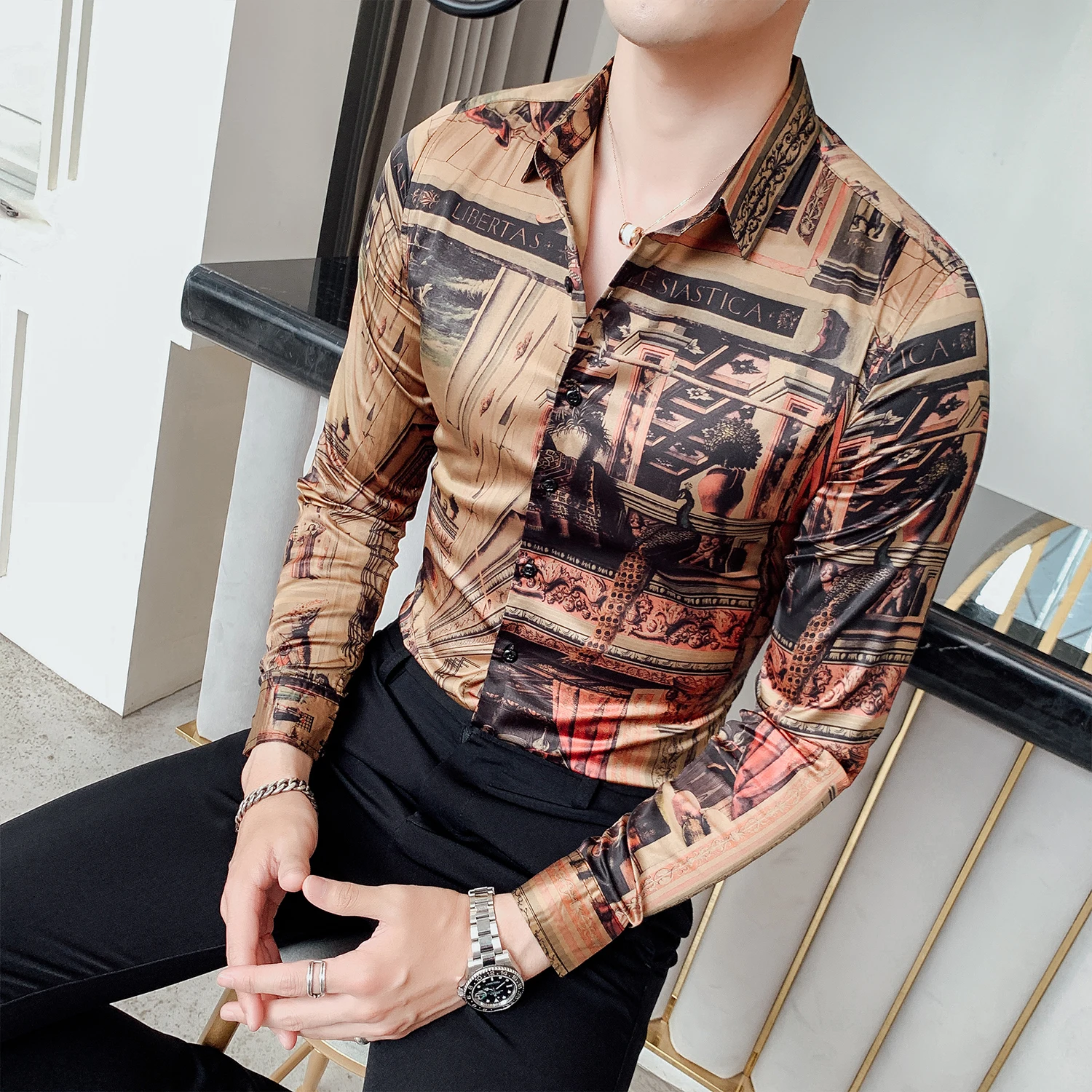 Роскошная мужская рубашка с принтом, с длинными рукавами, Camisa Masculina, рубашка с цветочным принтом, красная, зеленая, мужская рубашка