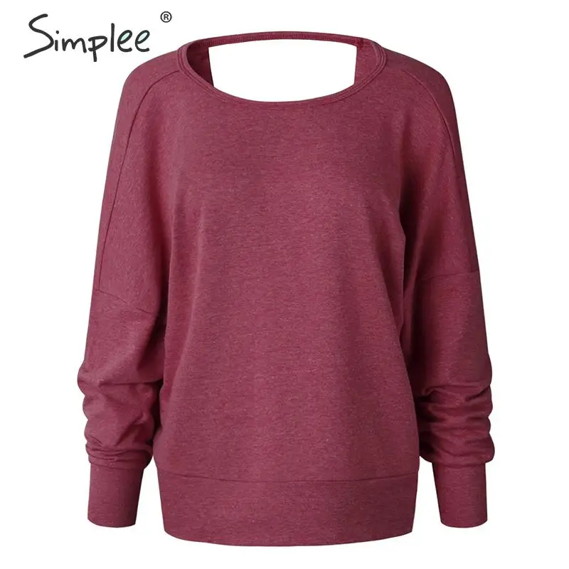 Simplee Повседневная женскoе футболкa с длинным рукавом сплошной женский пуловер осень свободнoe мягкoе женскoе топ - Цвет: Бургундия