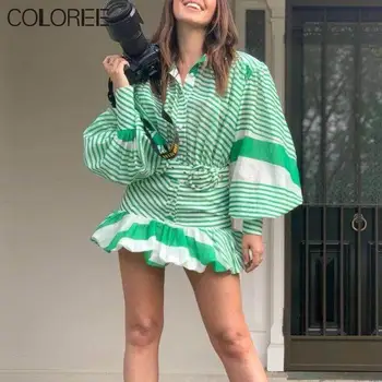 

Vacation Bohemian Green Striped Dresses For Women 2020 Autumn Runway Vintage Long Lantern Sleeve A-line Mini Dress