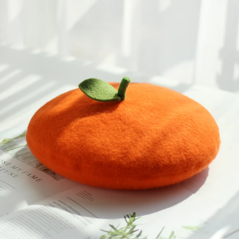 

Japanese cute fruit bud hat girl soft sister fresh painter hat parent-child wool felt orange beret