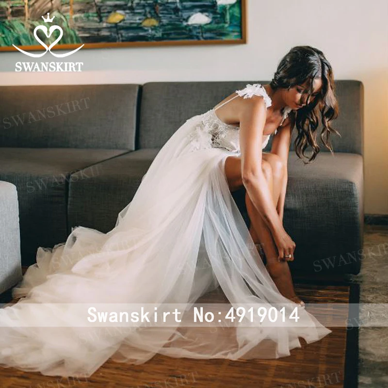 Бохо Аппликации Кружева Свадебное платье Swanskirt EZ12 сексуальный глубокий v-образный вырез А-силуэт 3D Цветы свадебное платье, тюль без спинки Vestido de noiva