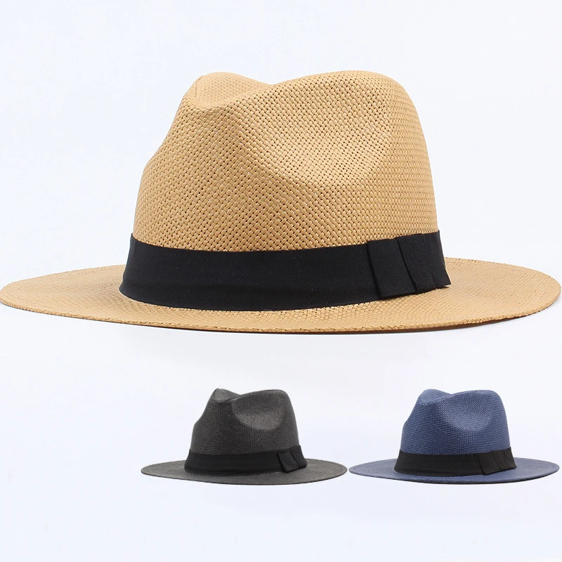 HT3090 New Summer Beach Hat Men Women Black Band Straw Hat Flat Brim Fedoras Panama Hat Male Female Wide Brim Sun Hat Beach Cap 1
