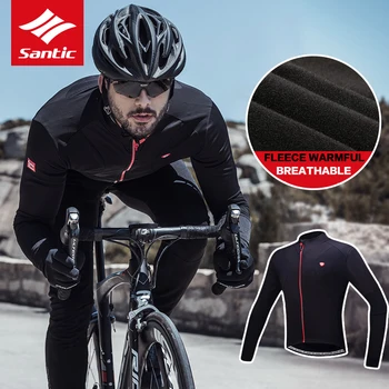 

Santic Cycling Jerseys Men Thermal Fleece Long Sleeve Cycling Jacket Outdoor Windproof Full Zipper M-5XL WSM144F0702B