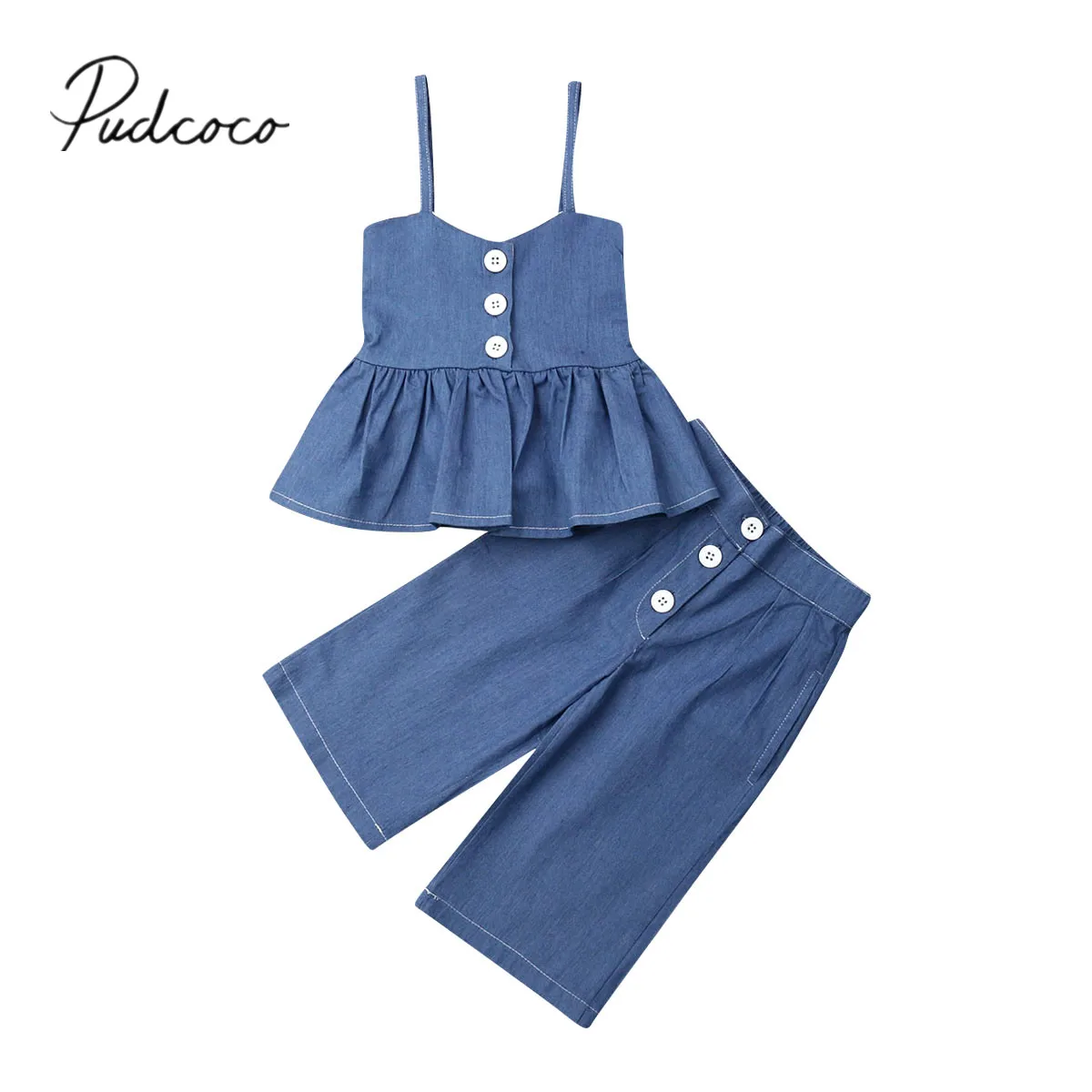 

2019 Baby Summer Clothing Toddler Kids Baby Girls Ruffle Tops Vest Wide Leg Jeans Leggings 2Pcs Outfits Solid Clothes 1-6T